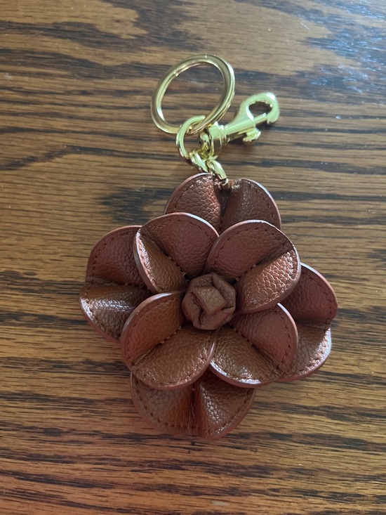Accessories - Brown Leather Flower Keychain/Purse Charm with Gold Hardware
